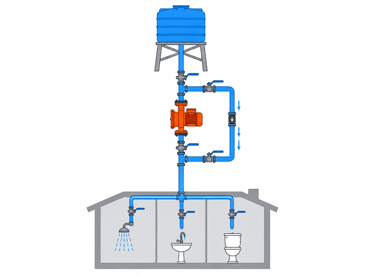 Esquema de bypass con tanque elevado: el agua baja por gravedad y rodea la bomba por un tramo con válvula check