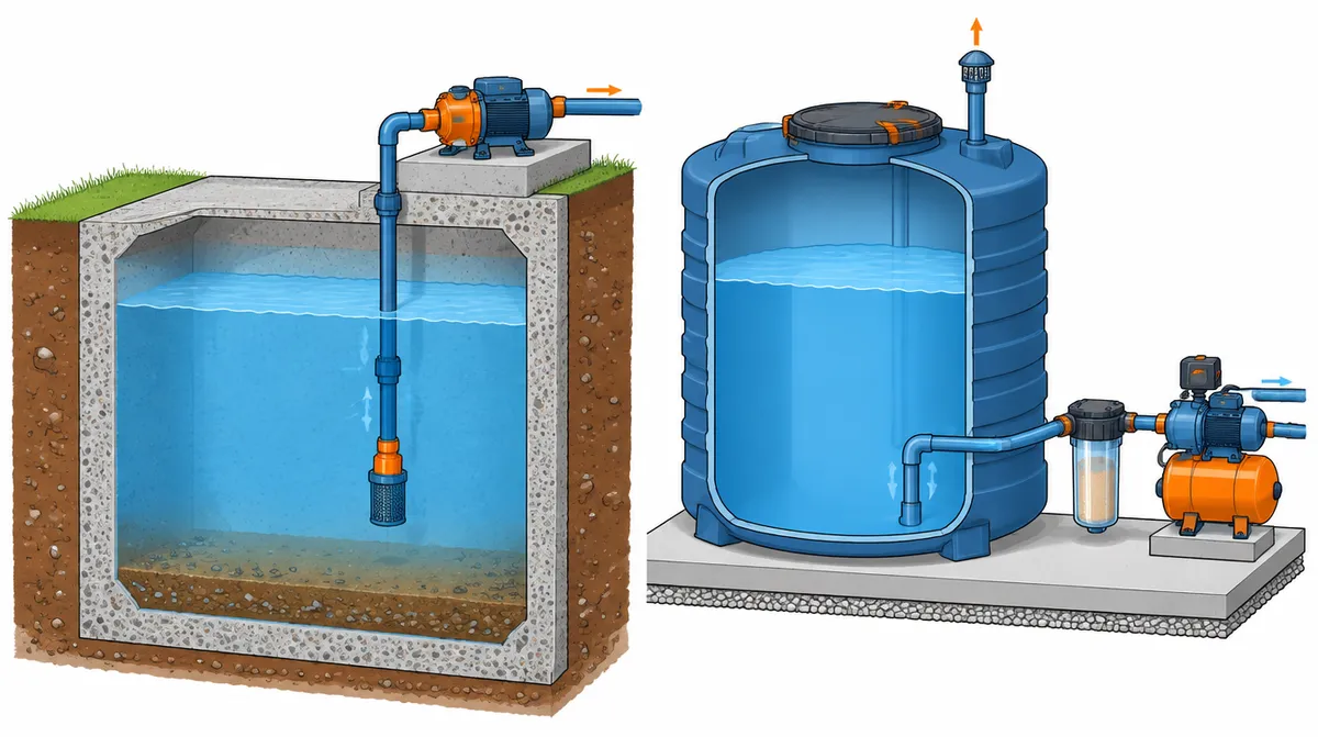 Comparación entre una cisterna de concreto enterrada y un tanque de polietileno conectados a una bomba de agua
