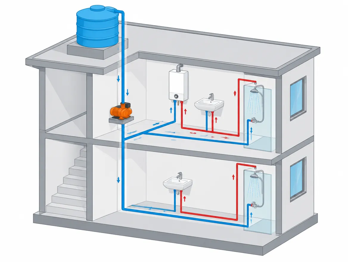 Esquema de una casa de dos niveles con la bomba presurizadora instalada antes de dividir los ramales de agua fría y agua caliente